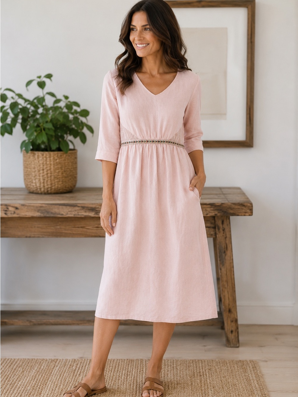 100% Linen Pink dress (made in Italy) with cool embroidered waist.